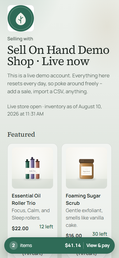 Customer shopping page with live inventory and checkout cart